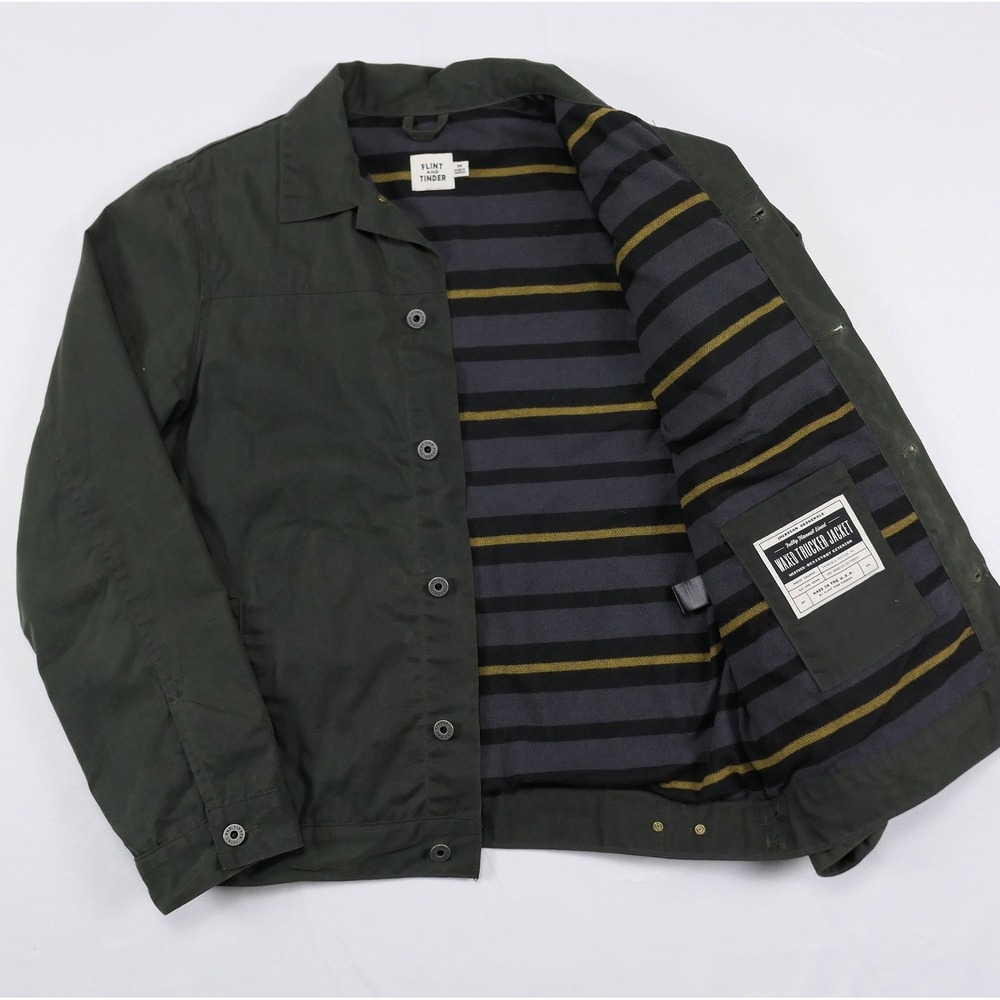 Flint and Tinder Flannel Lined Waxed Trucker Jacket Olive Green Mens Medium